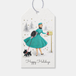 Etiquetas Para Regalos Navidades retro vintage mujeres con perro escocés