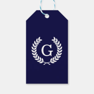 Etiquetas Para Regalos Navy Blue Wheat Laurel Wreath Monograma inicial