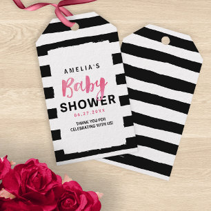 Etiquetas Para Regalos Negro elegante y el blanco raya Baby Shower rosado