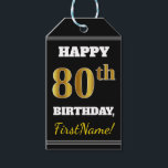 Etiquetas Para Regalos Negro, Faux Gold 80th Birthday   Nombre personaliz<br><div class="desc">Este diseño de etiqueta de regalo de cumpleaños incluye un mensaje como "¡FELIZ 80º CUMPLEAÑOS, nombre!", donde el nombre se puede personalizar, y donde el número "80º" tiene un aspecto de color falso/imitación de color dorado. En la parte delantera también hay un fondo de color negro. En la parte posterior...</div>