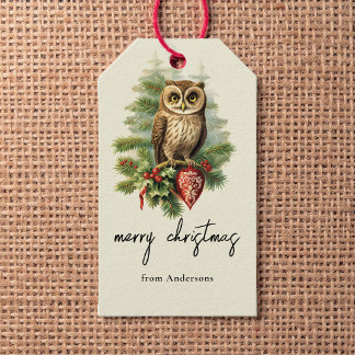 Etiquetas Para Regalos Nombre de búho vintage de Navidad bosque de invier
