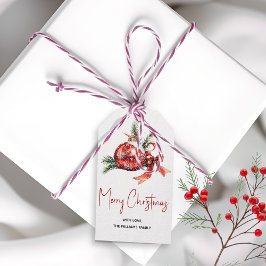 Etiquetas Para Regalos Ornamento de Navidad con ramas de arco rojo y abet
