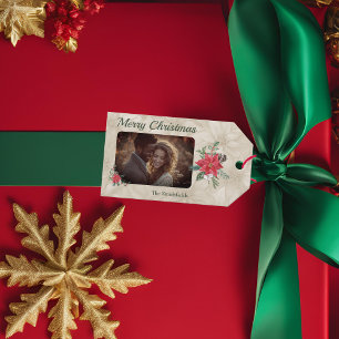 Etiquetas Para Regalos Oro, vacaciones de fotografía de Poinsettia Roja