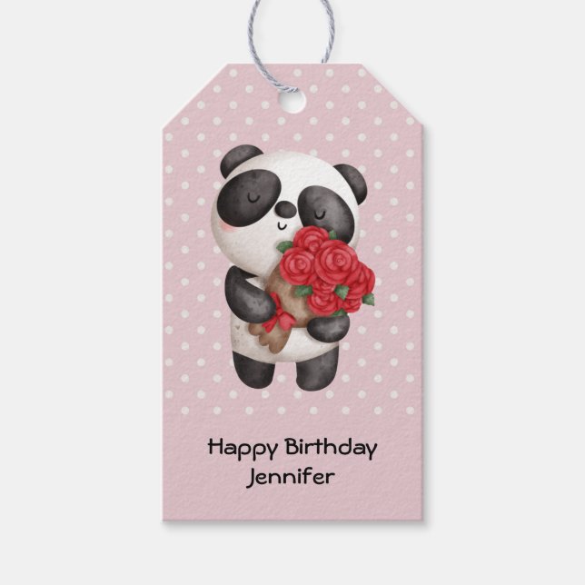 Etiquetas Para Regalos Oso Cute Panda con Cumpleaños Rose Bouquet (Anverso)