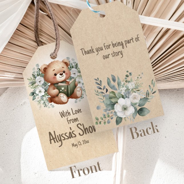 Etiquetas Para Regalos Oso de peluche de cuento de hadas Libros antiguos  (Storybook teddy bear baby shower gift tags)