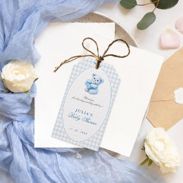 Etiquetas Para Regalos Oso de peluche de gingham azul Cumpleaños neutral 