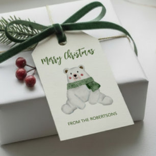 Etiquetas Para Regalos Oso Polar Adorable con Bufanda Verde Navidad