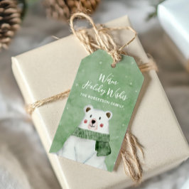 Etiquetas Para Regalos Oso Polar con Bufanda Verde Deseos Navideños Cálid