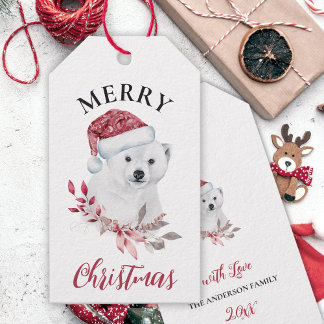 Etiquetas Para Regalos Oso polar lindo en Santa hat Feliz Navidad