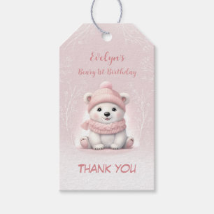 Etiquetas Para Regalos Oso Polar Rosa de Invierno Beary 1er cumpleaños