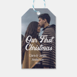 Etiquetas Para Regalos Our first Christmas couple photo name white gray