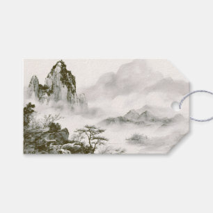 Etiquetas Para Regalos Paisaje minimalista de montaña zen con tinta brumo