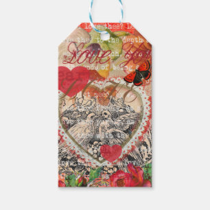 Etiquetas Para Regalos Pájaros del Corazón Arte Collage Rojo Amor