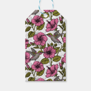 Etiquetas Para Regalos Pájaros húmedos y flores de hibisco rosa