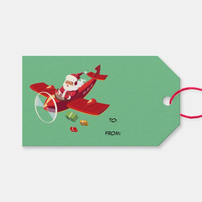 Etiquetas Para Regalos Papá Noel animado y su avión (Frente (Horizontal))