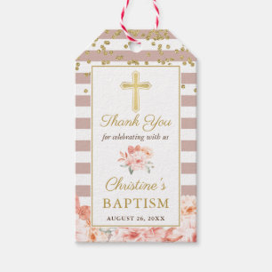 Etiquetas Para Regalos Pastel Peach Floral Gold Cross Baptismo Chica