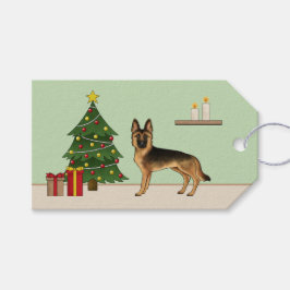 Etiquetas Para Regalos Pastor Alemán Negro y Castaño y un Árbol de Navida