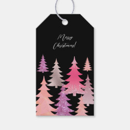 Etiquetas Para Regalos Patrón de árbol de Navidad negro rosa brillo