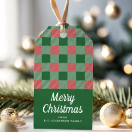 Etiquetas Para Regalos Patrón de Cuadro Escocés Verde de Navidad Rústica