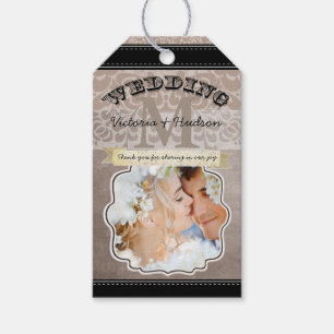 Etiquetas Para Regalos Patrón de Damasco Neutral de fotografía Boda monog