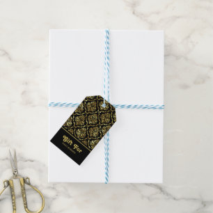 Etiquetas Para Regalos Patrón dorado de damasco floral sobre negro