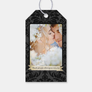 Etiquetas Para Regalos Patrón floral de Damasco negro monograma fotográfi