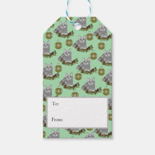 Etiquetas Para Regalos Patrón Gato Gris con ornamentos verdes