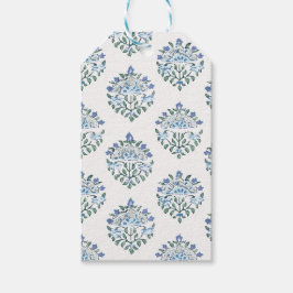 Etiquetas Para Regalos Pequeña Estampa Floral de Bloque Azul sobre Marfil