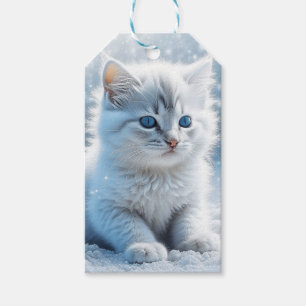 Etiquetas Para Regalos Pequeño gatito blanco en Navidades de nieve