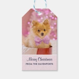 Etiquetas Para Regalos Perro Navidad con foto de arco rosado