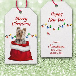 Etiquetas Para Regalos Perro Terrier de Cute Yorkshire en Santa Bag