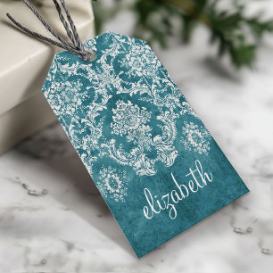 Etiquetas Para Regalos Personalizado de patrón de Damasco de color turque