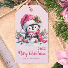 Etiquetas Para Regalos Personalizado Pingüino Sólido Rosa Merry Christmas