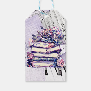 Etiquetas Para Regalos Pila vintage de libros y Rosas