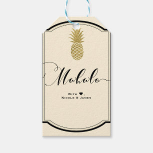 Etiquetas Para Regalos Piña Dorada Crema Negro Tropical MAHALO ALOHA
