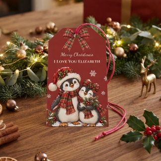Etiquetas Para Regalos Pingüino de Cuadro Rojo Te Amo Nombre Personalizad