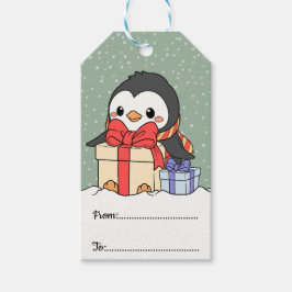 Etiquetas Para Regalos Pingüino lindo con regalos de Navidades en la neva