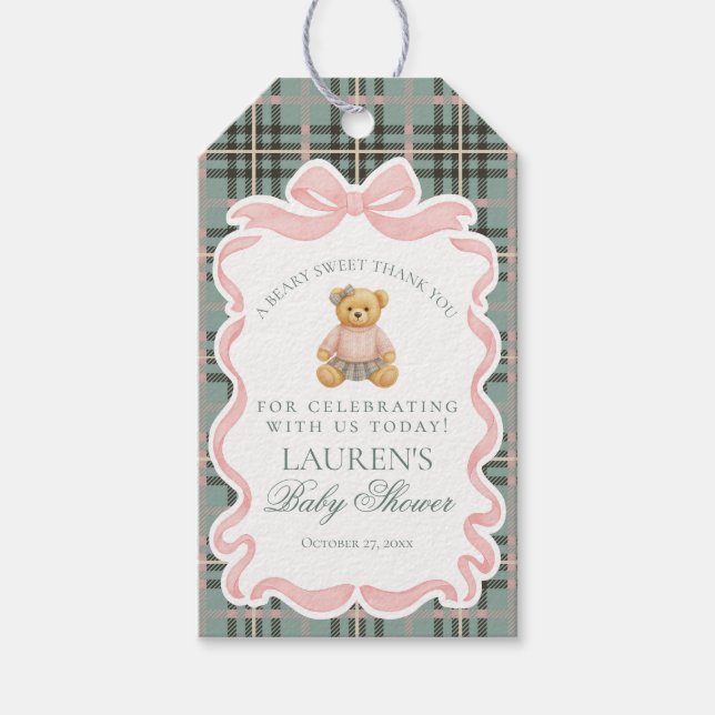 Etiquetas Para Regalos Pink Coquette Bow Bear Tartan Baby Shower Favors (Anverso)