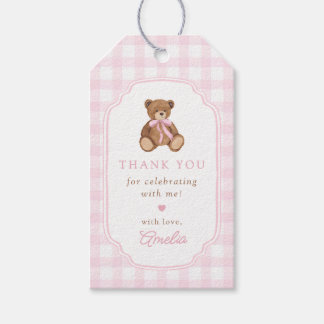 Etiquetas Para Regalos Pink Gingham Teddy Bear Beary First Birthday