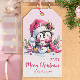 Etiquetas Para Regalos Pink Merry Christmas Cute Penguin Personalizado