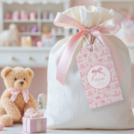 Etiquetas Para Regalos Pink Toile Coquette Bow Primer Chica de cumpleaños