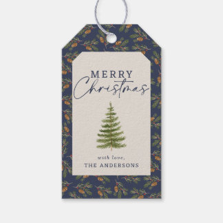 Etiquetas Para Regalos Pino Perenne Acuarela Navidad Azul Marino