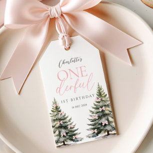 Etiquetas Para Regalos Pinos con Lazo Rosa Invierno Onederland 1er Cumple