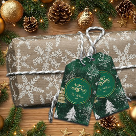 Etiquetas Para Regalos Pinos dorados Copos de nieve plateados Hunter Gree