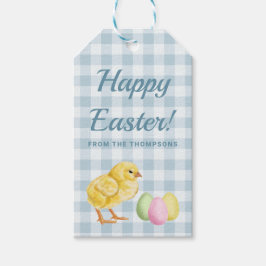 Etiquetas Para Regalos Pollito y huevos de acuarela en azul Feliz Pascua