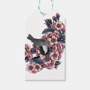 Etiquetas Para Regalos Pollo en una rama de cerezo floreciente