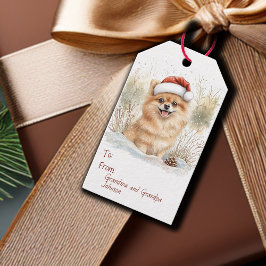 Etiquetas Para Regalos Pomerania acuarela en Navidades de Santa Hat