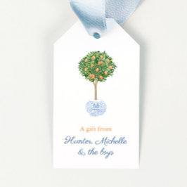 Etiquetas Para Regalos Preppy Citrus Naranja Sky Blue Topiary Tree Hostes