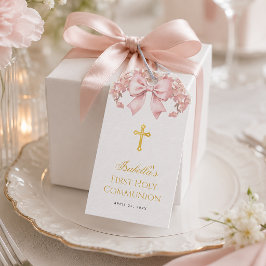 Etiquetas Para Regalos Primera Comunión Niña Lazo Floral Rosa y Cruz Dora