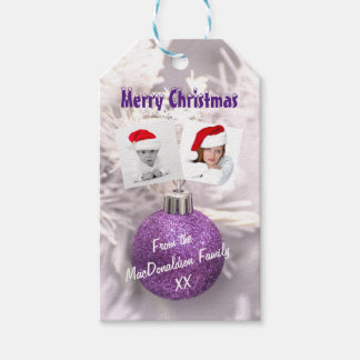 Etiquetas Para Regalos Purple bauble Merry Christmas photo template